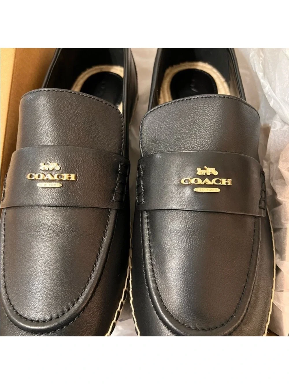 COACH Camilla Black Leather Espadrille Flats New In Box Size 10